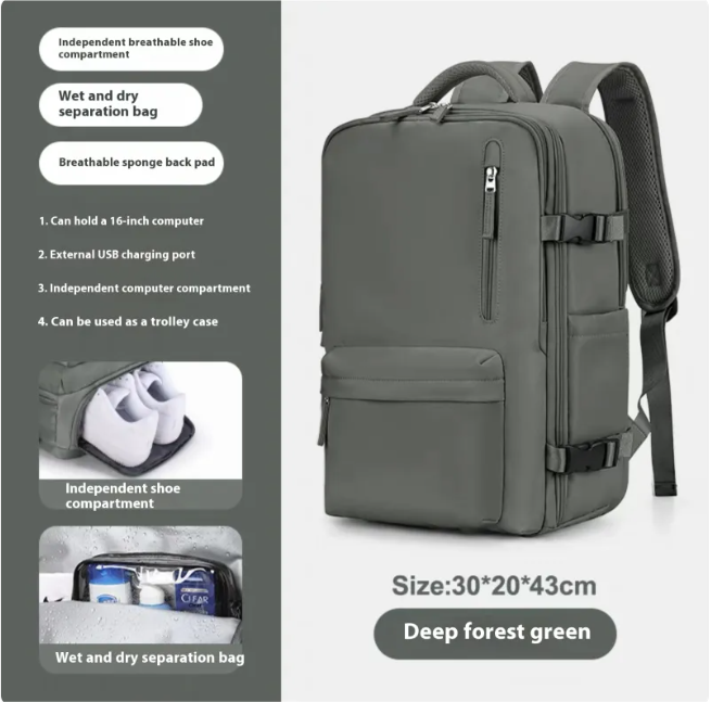 Large-capacity travel backpack in deep forest green with independent compartments for shoes and laptops.