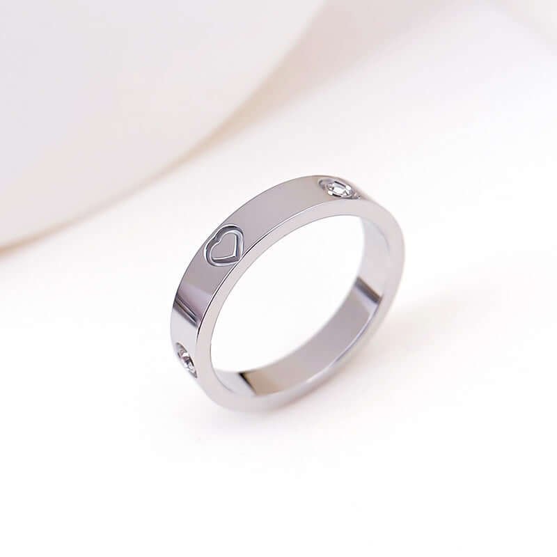Rhinestone titanium steel bracelet ring in steel color with heart design, perfect for couples and daily wear.