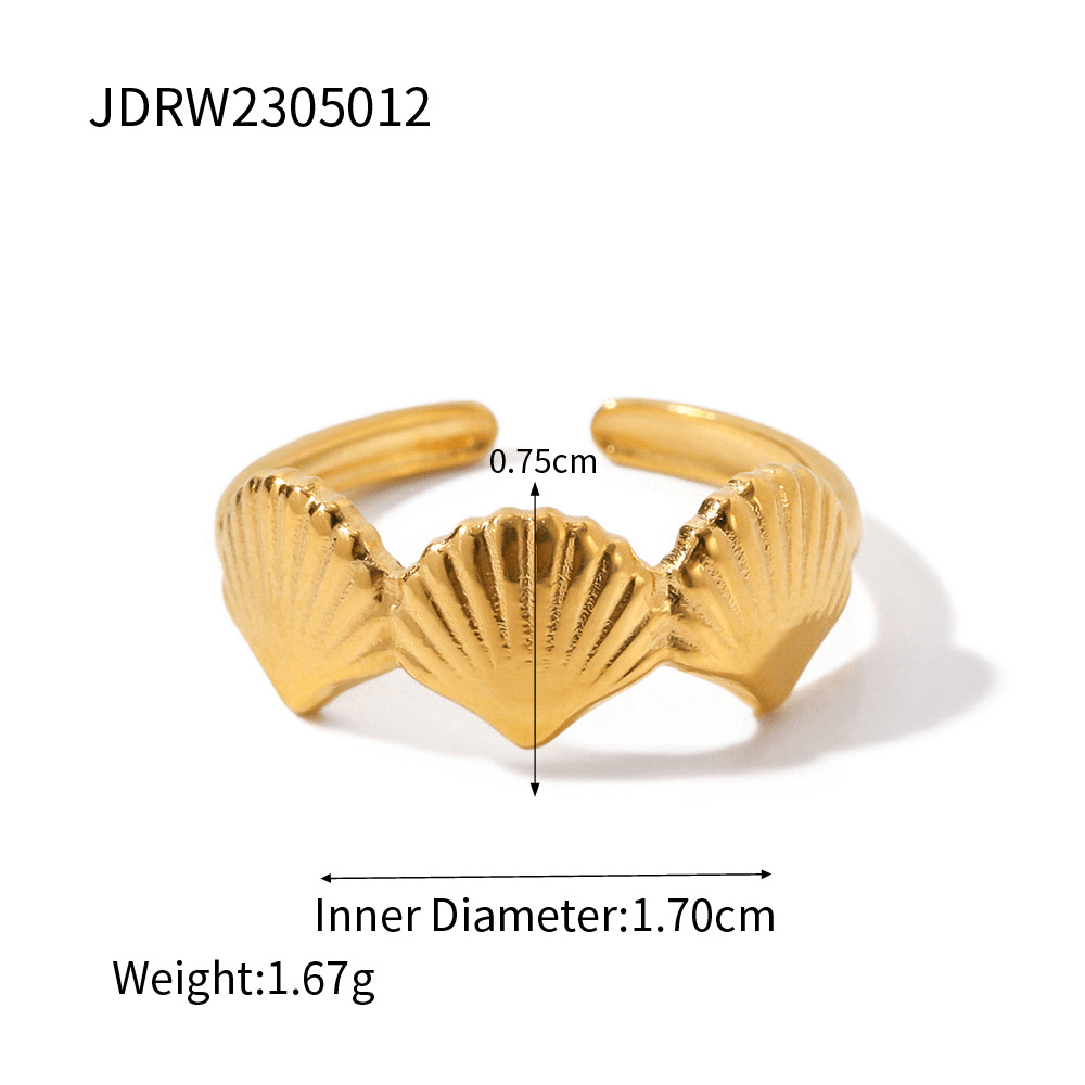 18k gold stainless steel ring with seashell design, inner diameter 1.70cm, lightweight at 1.67g.