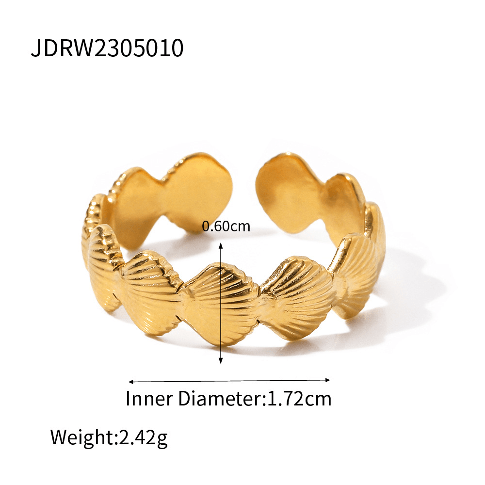 18k gold stainless steel ring featuring a unique shell design, inner diameter of 1.72cm, and lightweight at 2.42g.