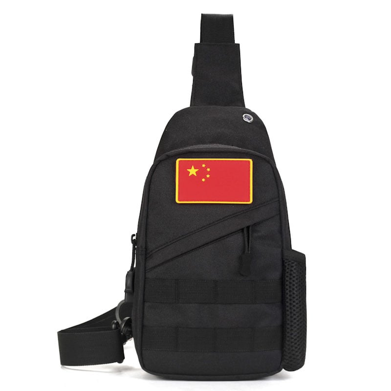 Travel cycling backpack shoulder bag in black with Chinese flag patch for outdoor adventures and commuting.