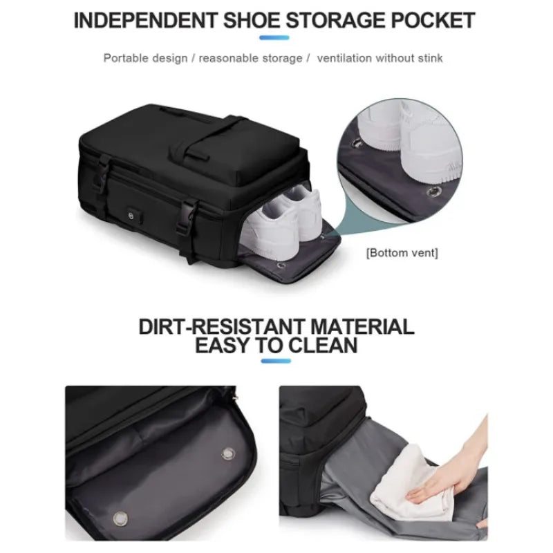 Large capacity travel laptop backpack with independent shoe storage pocket and dirt-resistant material.