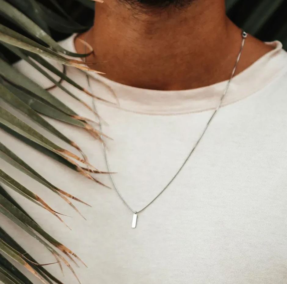 Stainless steel clavicle chain necklace worn by a model against a backdrop of palm leaves.