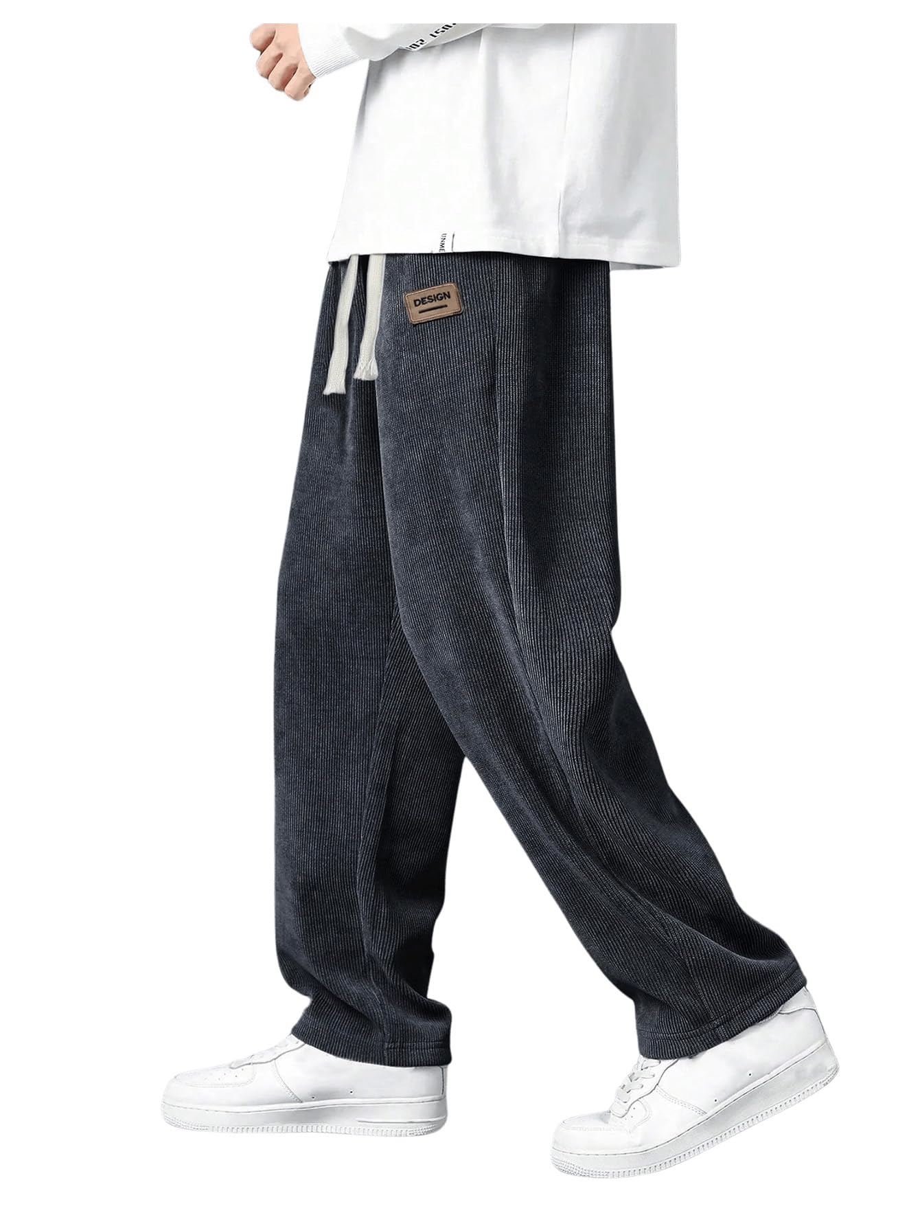 RoseSeek Mens Baggy Pants Tie Front Drawstring Waist Corduroy Pants Casual Loose Straight Leg Pants Trousers Dark Grey XXL