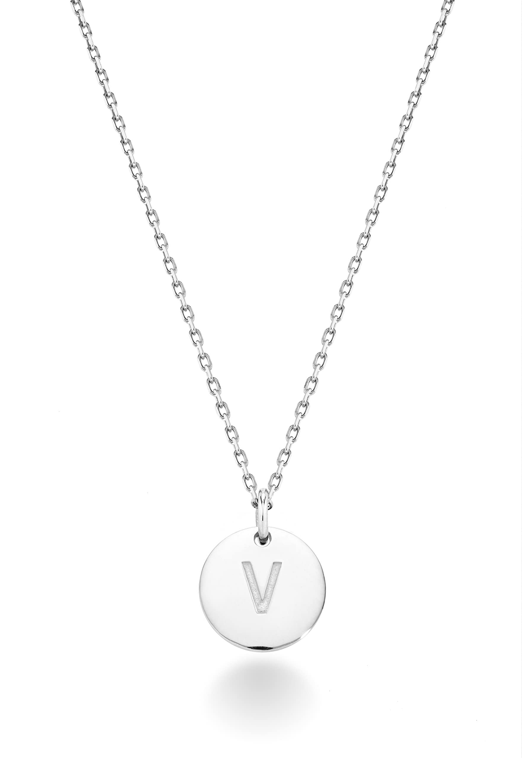 Miabella 925 sterling silver initial pendant necklace for women with polished round pendant and adjustable cable chain.