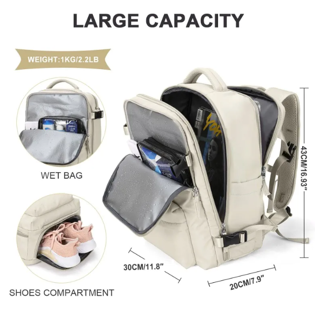 Large-capacity travel backpack showcasing compartments for wet items and shoes, crafted from waterproof nylon.