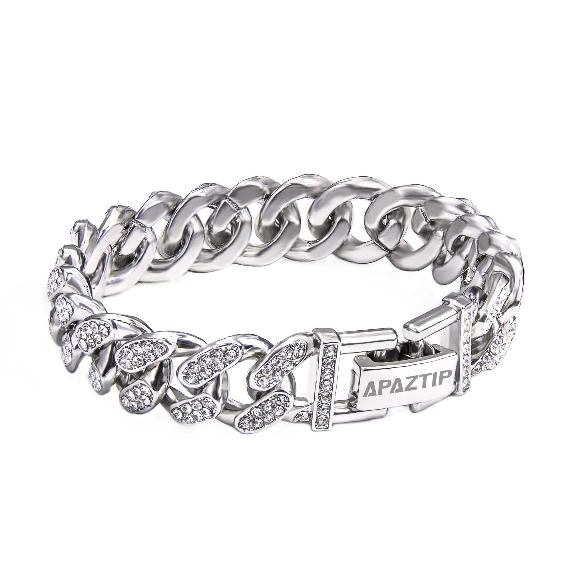 Iced out stainless steel cuban link bracelet with diamond embellishments and secure clasp from APaztip.