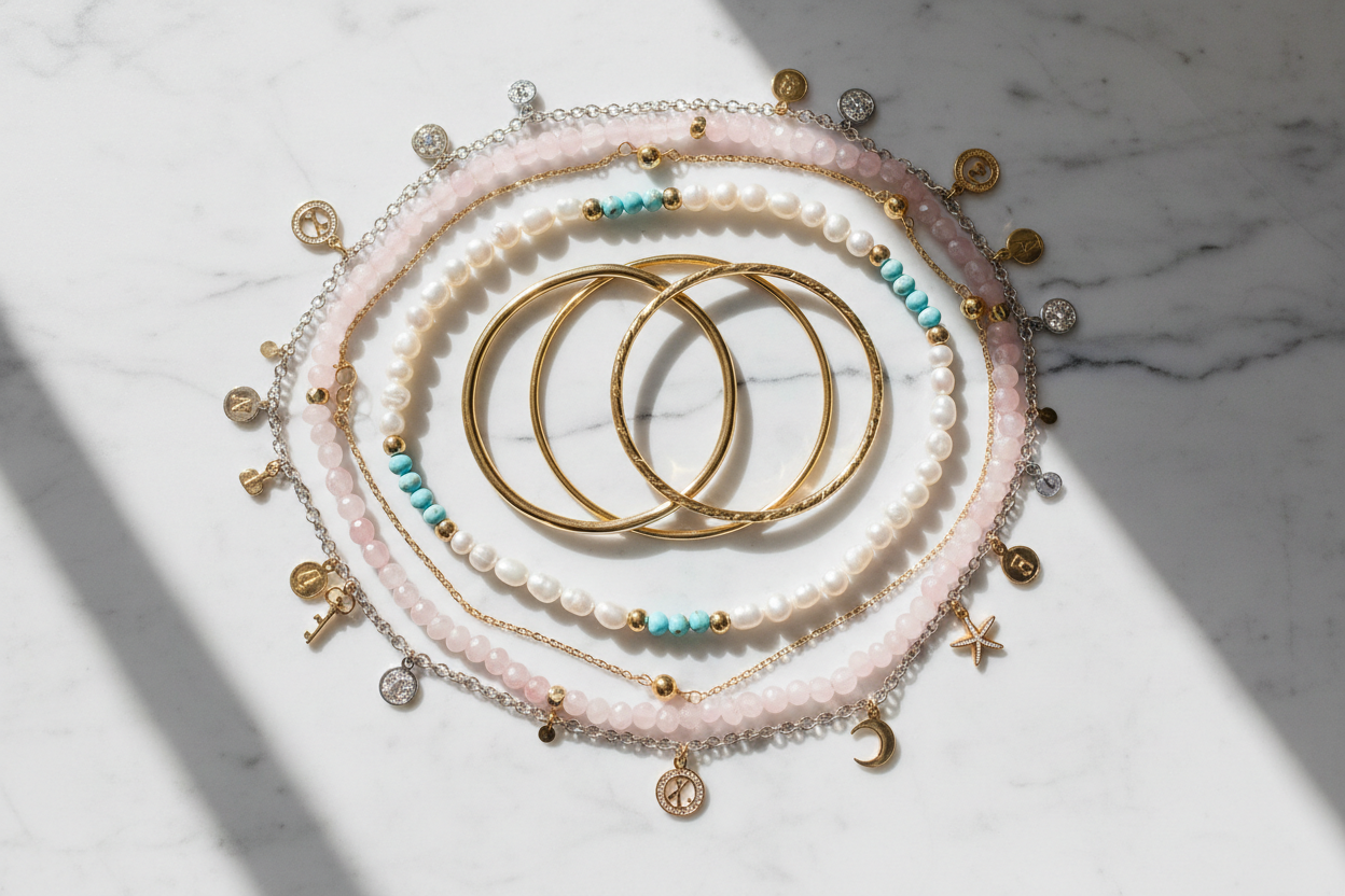 Elegant modern bracelets featuring gold and gemstone accents, adding sophistication and style to any outfit.