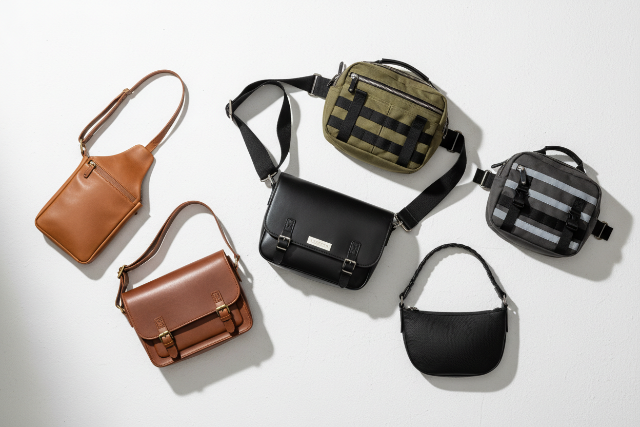 Collection of crossbody and chest bags in various styles and colors on a white background.