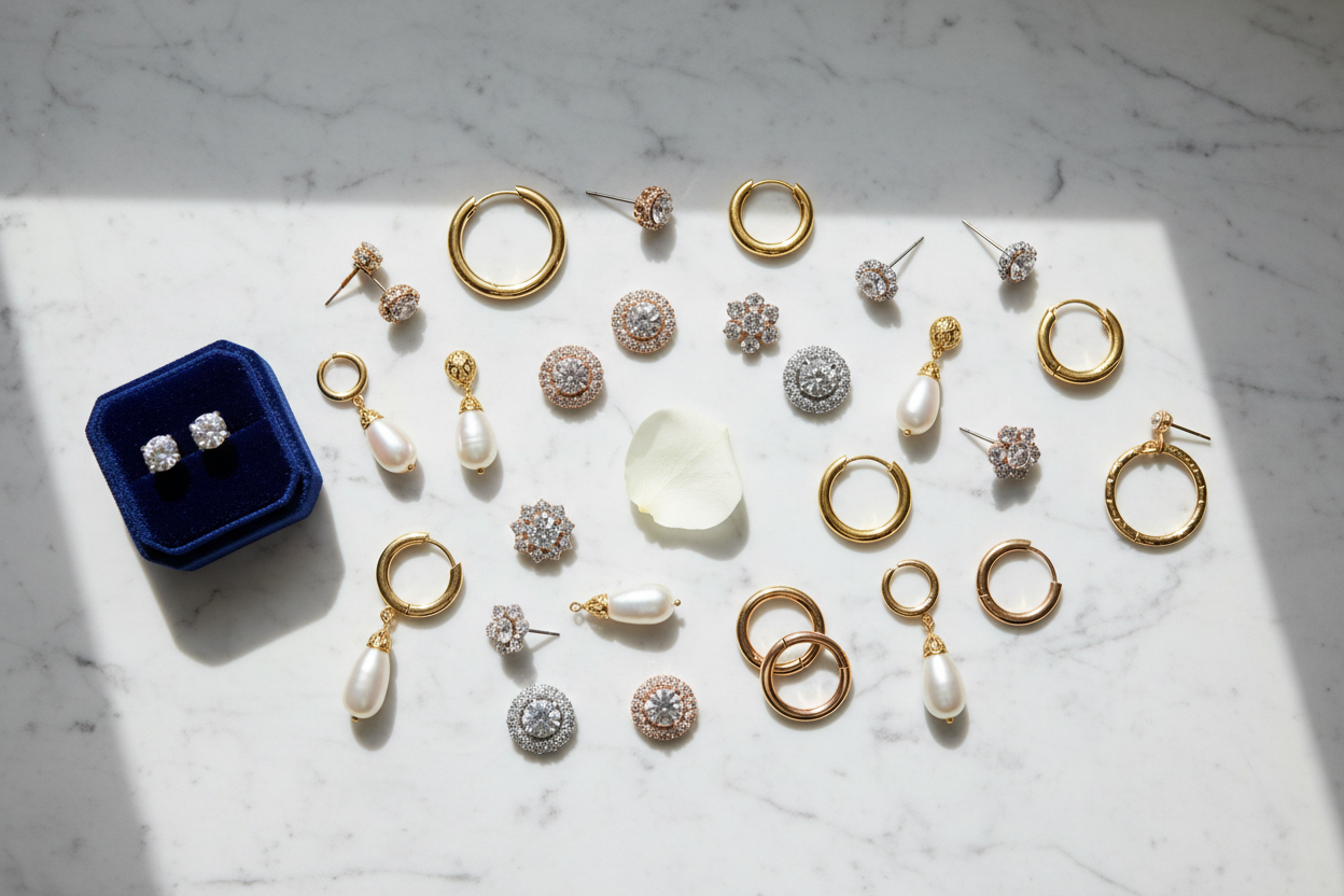 Beautiful arrangement of designer statement earrings including pearls and sparkling designs on a marble surface.