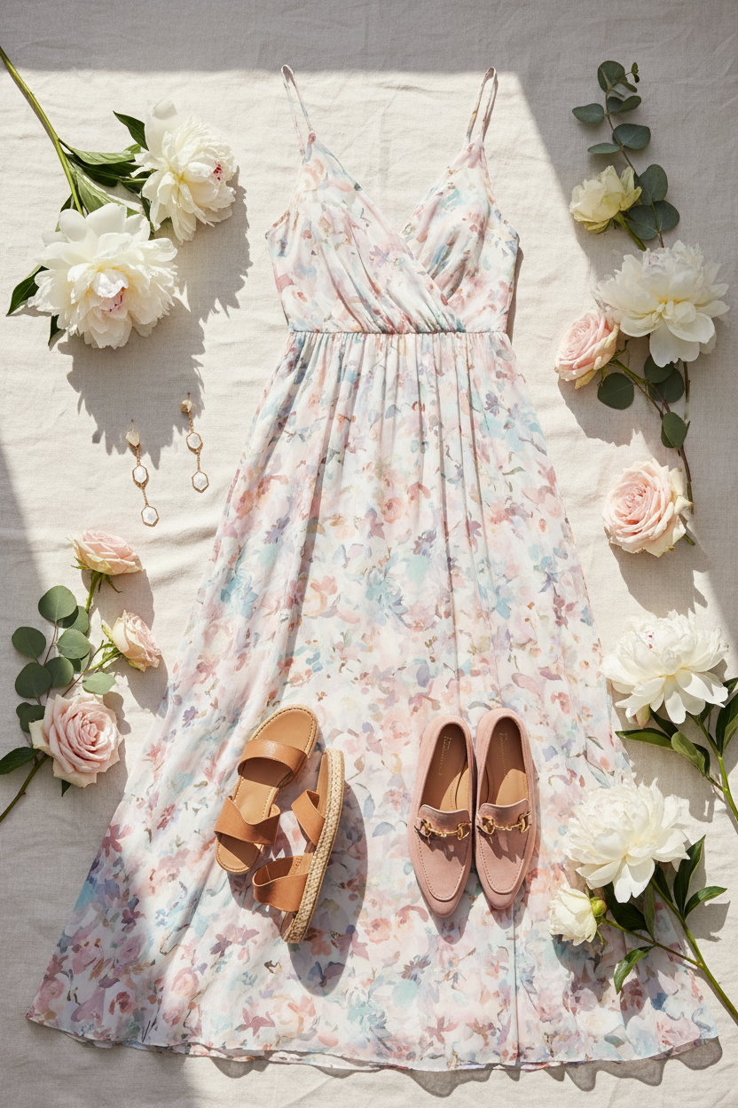 New floral dress, sandals, and loafers from our latest fashion arrivals collection, styled with fresh flowers.