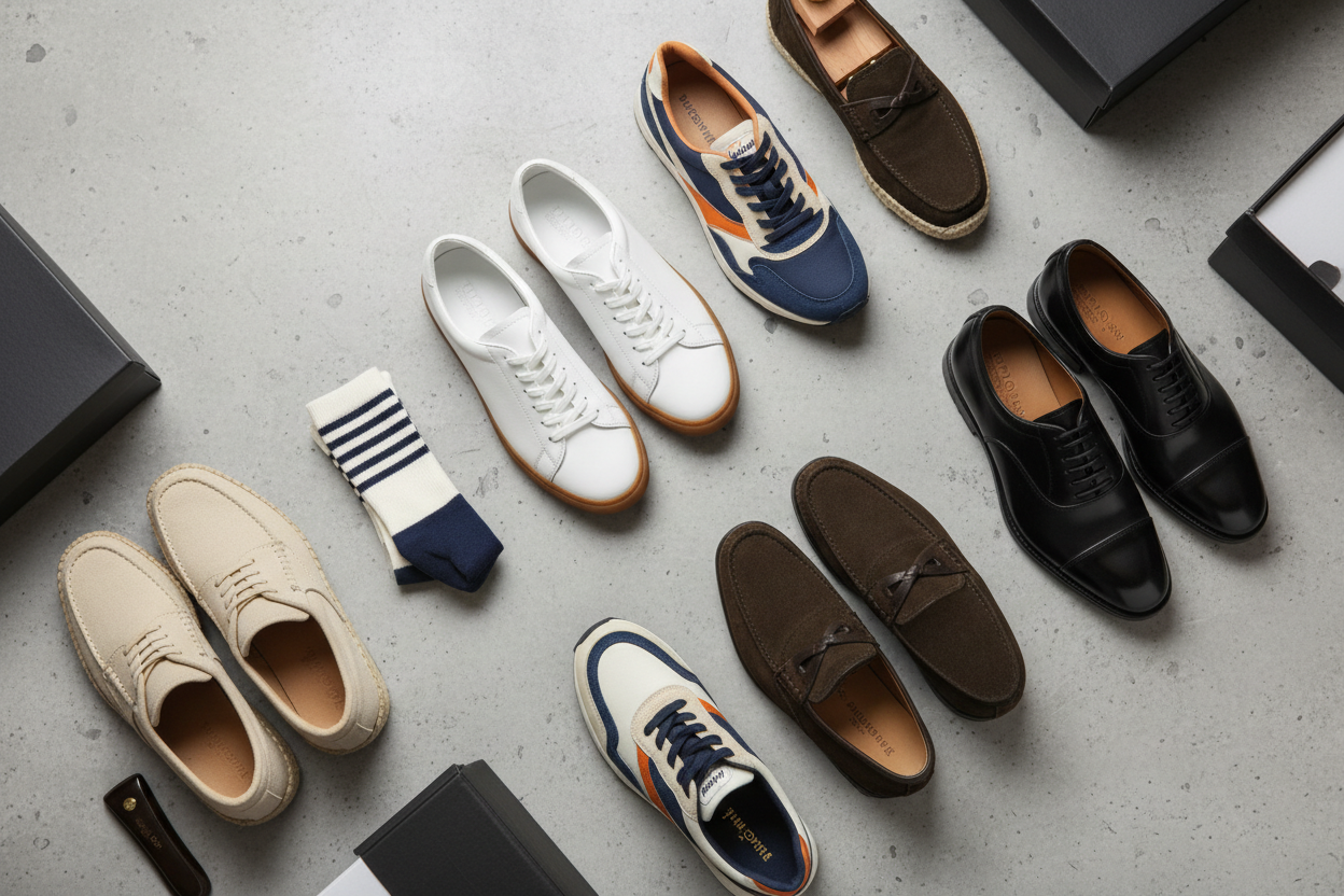 A selection of premium men's shoes for every occasion, including sneakers, loafers, and dress shoes arranged stylishly.