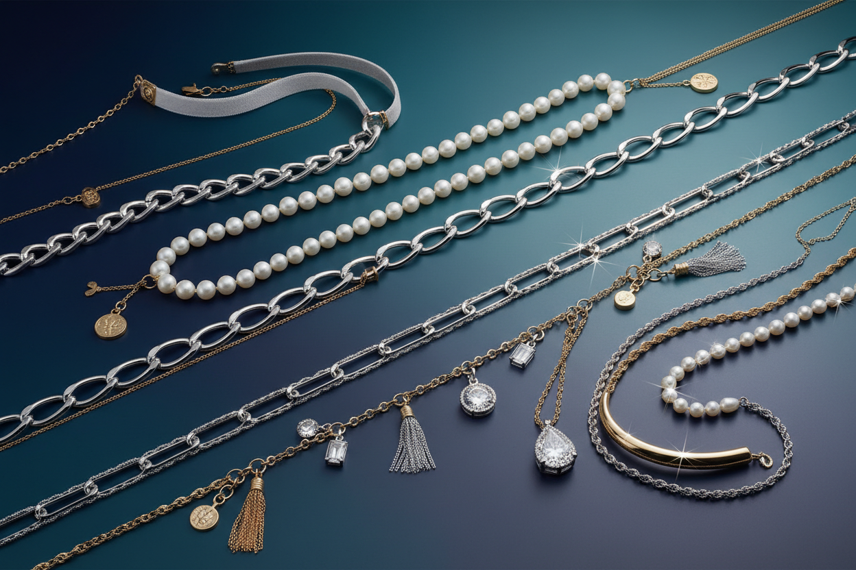Collection of stylish necklaces and chains featuring various designs and elegant details.