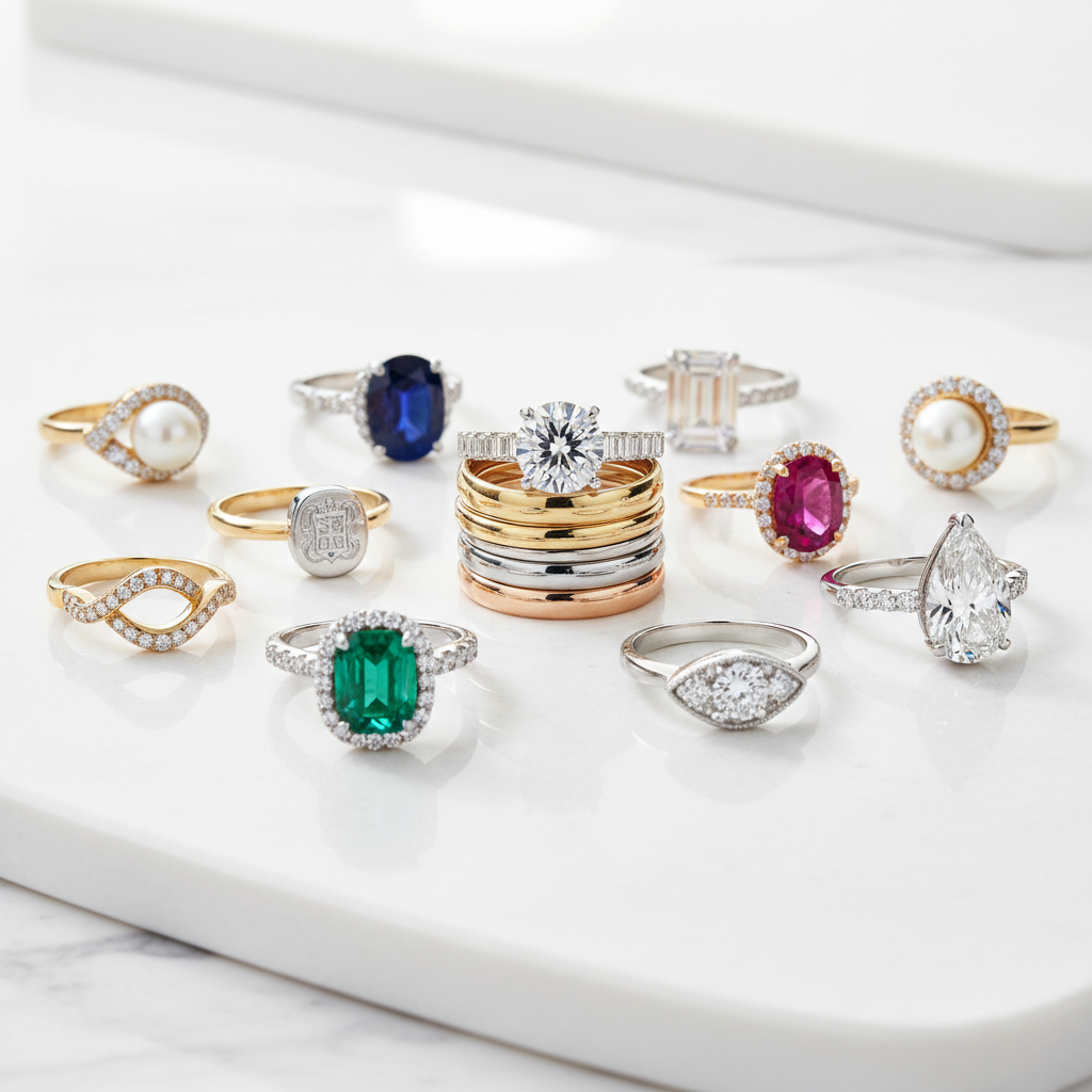 Elegant rings for every occasion featuring a variety of styles, including gemstone and diamond designs in gold and silver.