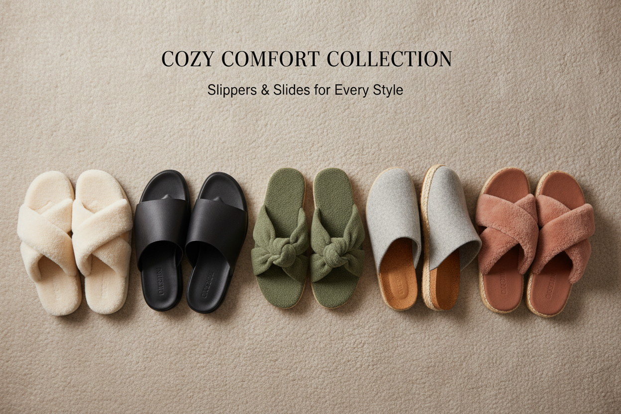Stylish slippers and slides featured in a cozy comfort collection for effortless everyday wear.