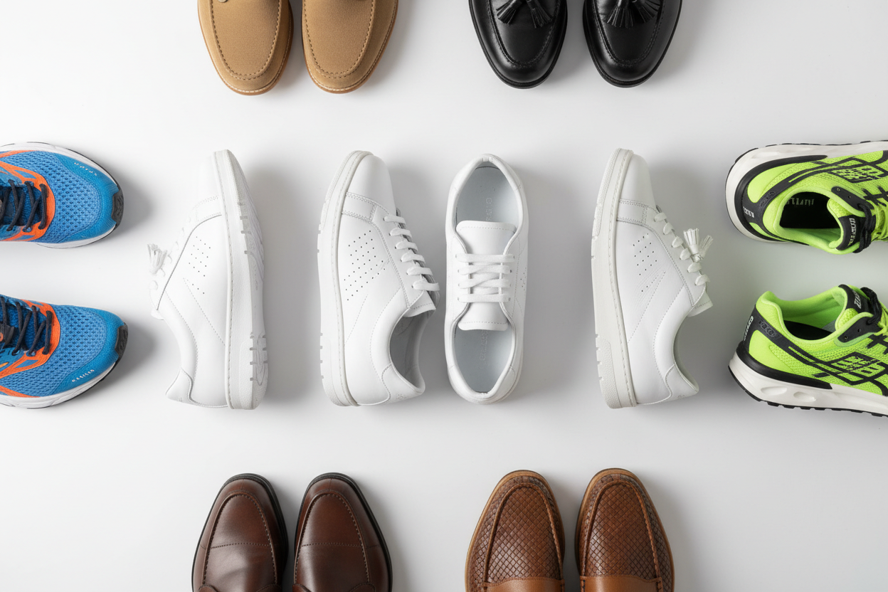 Sneakers and loafers collection featuring a variety of styles arranged neatly.