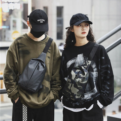 Men and women wearing casual outfits with an oxford cloth crossbody chest bag in outdoor urban setting.