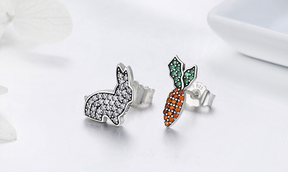 Rabbit and Carrot Silver Earrings with sparkling gems on a white background, perfect for stylish women.