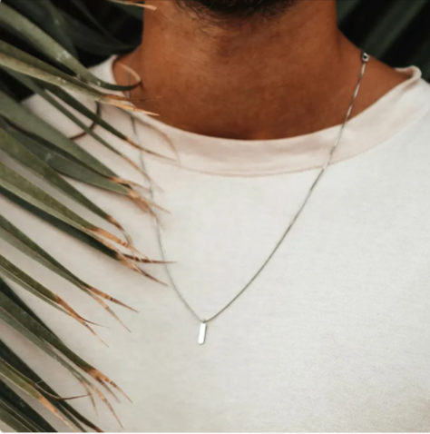 Man wearing a stainless steel clavicle chain necklace against a palm leaf backdrop.