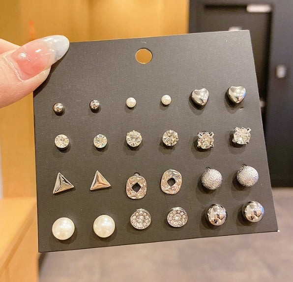 Star and Moon Diamond Earrings Set - 12 Pairs of Studs