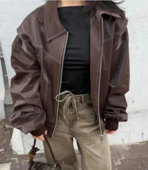 Loose Fashion Lapel Zip-up Jacket Cool Long Sleeve Zipper Closure Moto Biker Leather Jacket Women&
