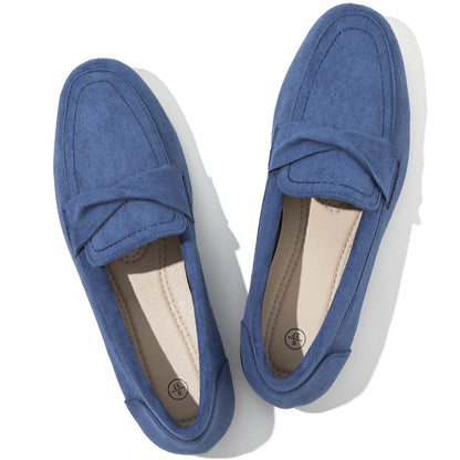 comfortable navy blue loafers for women, stylish suede flats with square toe design.
