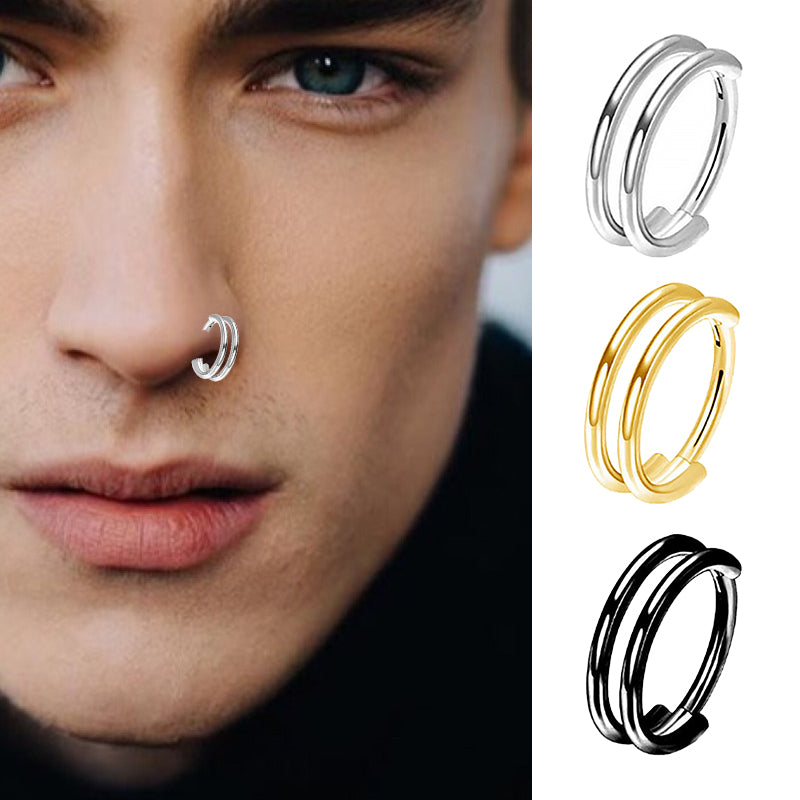316L stainless steel nose ring worn by a model, showcasing silver, gold, and black options.