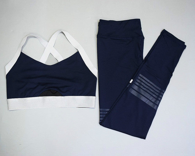 Seamless Yoga Set with Sports Bra and High Waist Leggings in navy blue, perfect for active women embracing fitness.