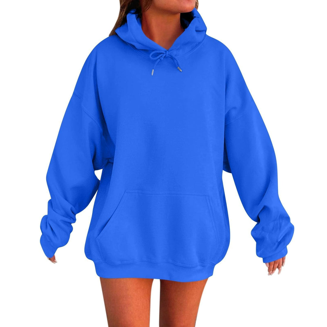 plus size zip up hoodie women in bright blue, loose fit, casual pullover with hoodie and front pocket.