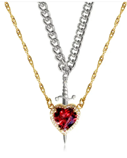 gold heart and sword necklace set featuring red crystal pendant and silver chain, stylish couple jewelry for men and women.