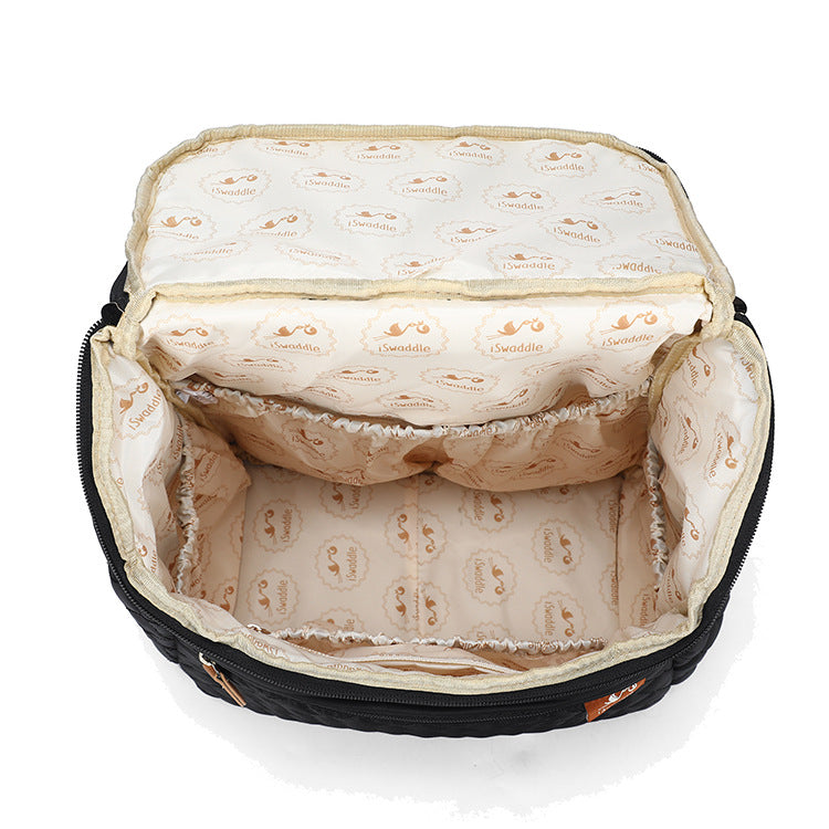 Inside view of the large capacity mommy backpack showcasing spacious compartments and a soft interior lining.