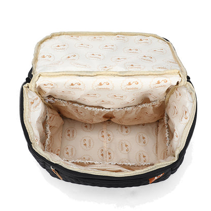 Inside view of the large capacity mommy backpack showcasing spacious compartments and a soft interior lining.