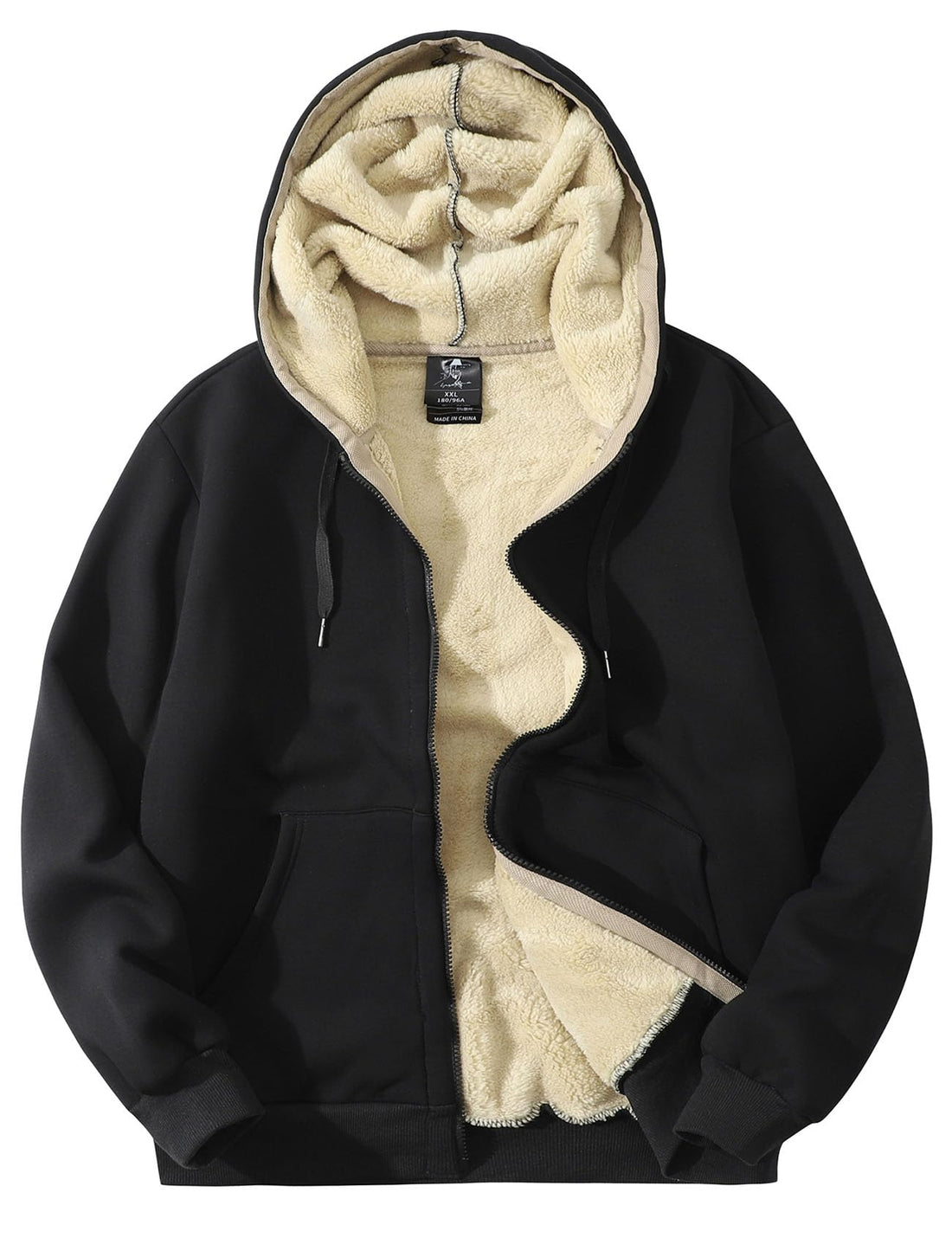 Flygo mens fleece lined sherpa hoodie jacket in black, showcasing a soft cotton fleece interior and full zip design.