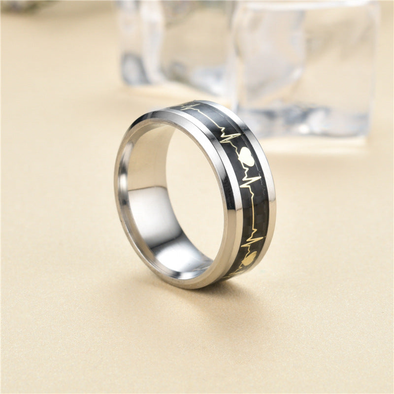 Stylish stainless steel ECG rings for men and women with geometric heartbeat design and high-quality finish.