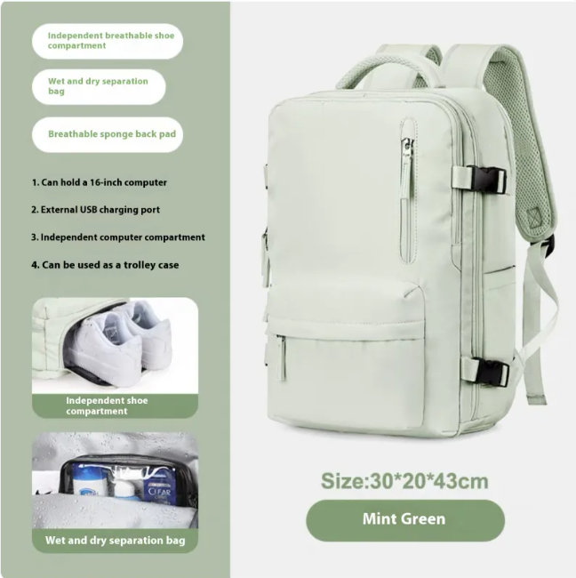 Large-capacity travel backpack in mint green, featuring USB port, shoe compartment, and breathable back pad.