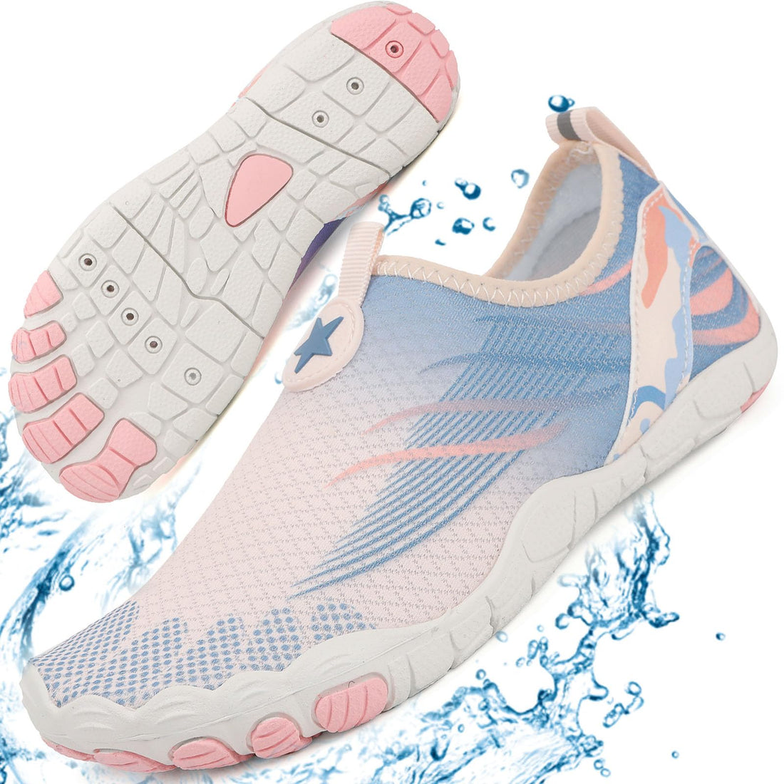 Womens breathable water shoes in pink with non-slip sole, designed for comfort and stability in wet conditions.