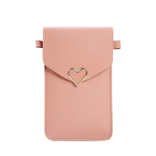 Mini Satchel Phone Bag in pink with heart decoration for hands-free phone carrying.