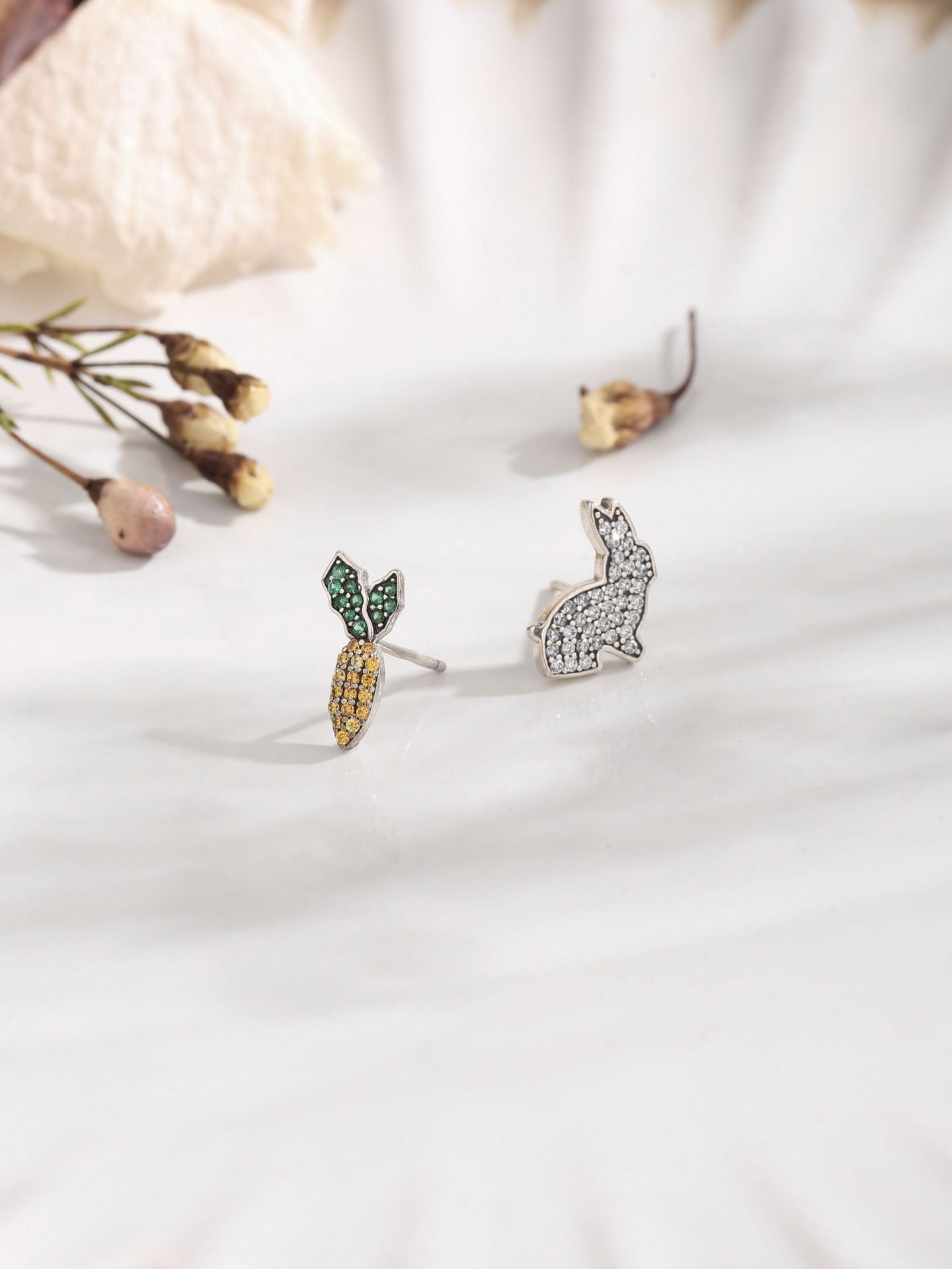 Rabbit and Carrot Silver Earrings featuring intricate gem details in sterling silver, perfect for playful elegance.