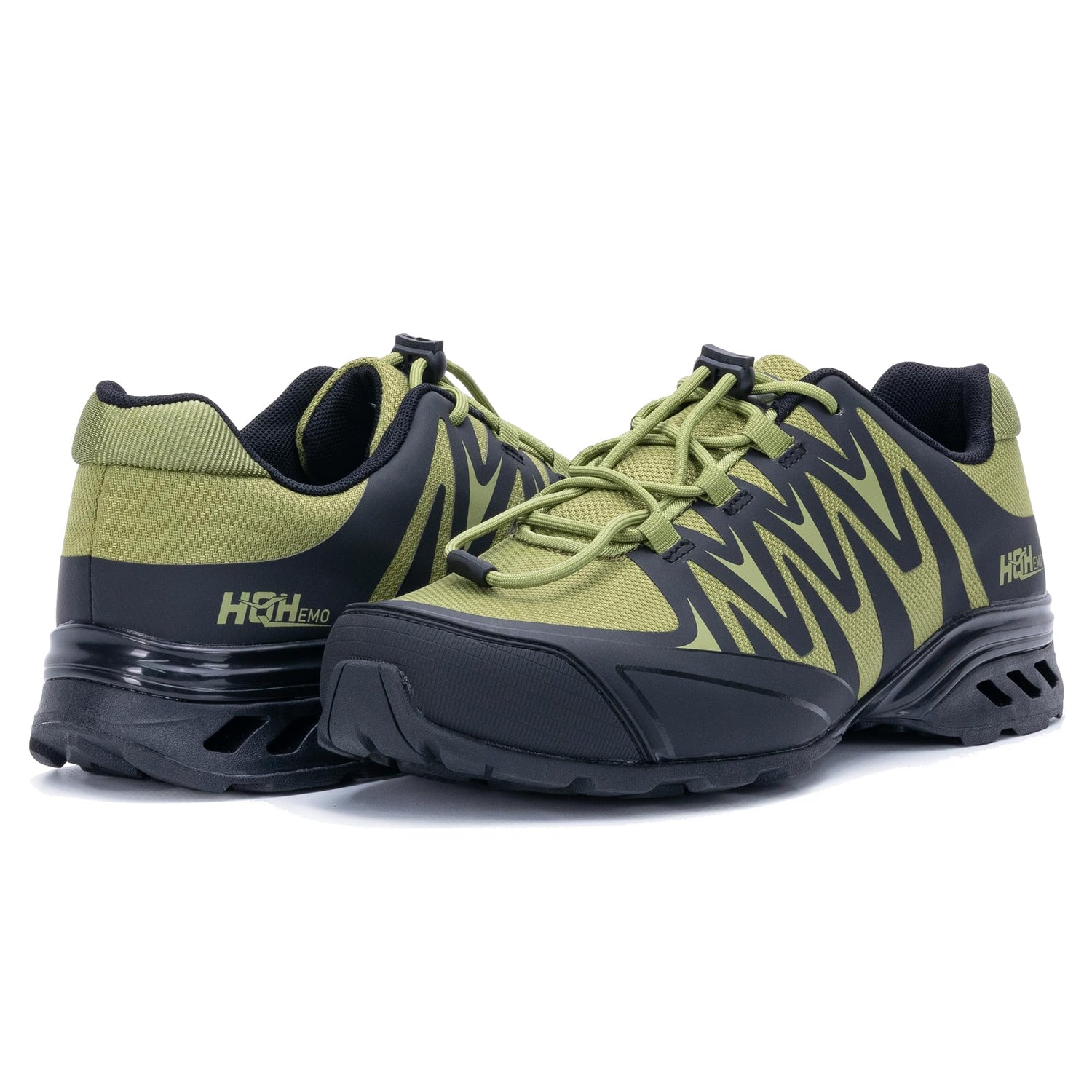 Waterproof road running shoes in black and green, designed for comfort and stability during outdoor activities.