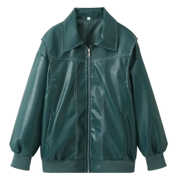 Loose Fashion Lapel Zip-up Jacket Cool Long Sleeve Zipper Closure Moto Biker Leather Jacket Women&