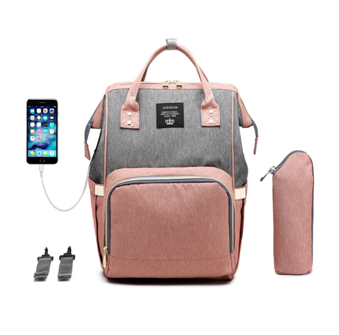 Large capacity mommy backpack with USB in pink and grey with phone charging feature.