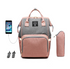 Large capacity mommy backpack with USB in pink and grey with phone charging feature.