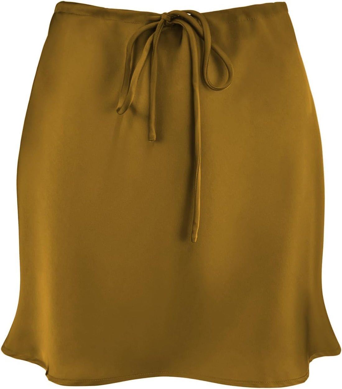 high waisted satin mini skirt for women in dark golden color with adjustable tie waist design, stylish A-line flared shape.