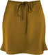 high waisted satin mini skirt for women in dark golden color with adjustable tie waist design, stylish A-line flared shape.