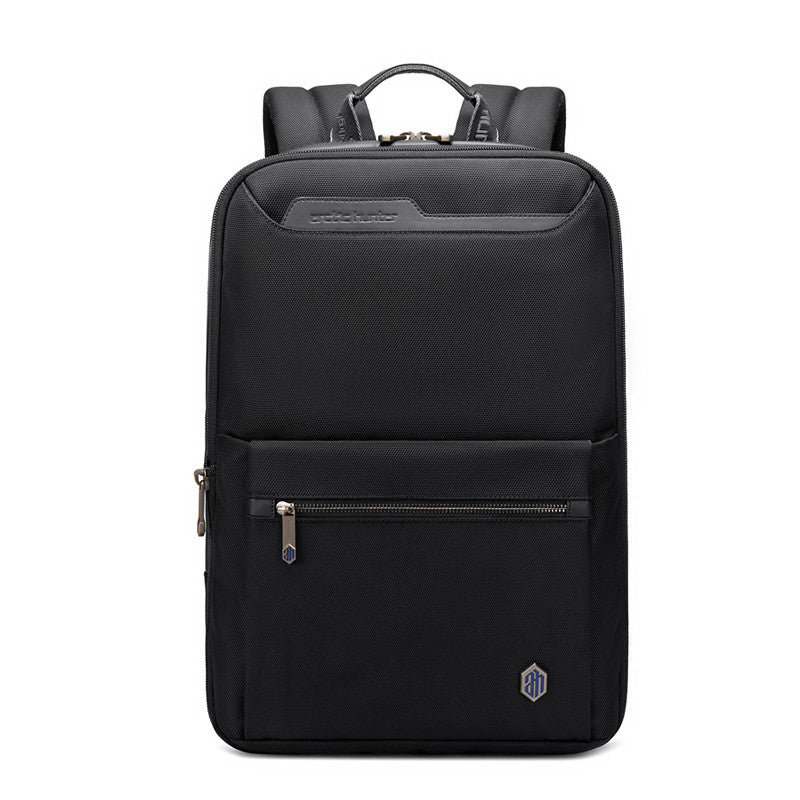 Expandable business backpack for men in sleek black nylon, designed for travel and business versatility.