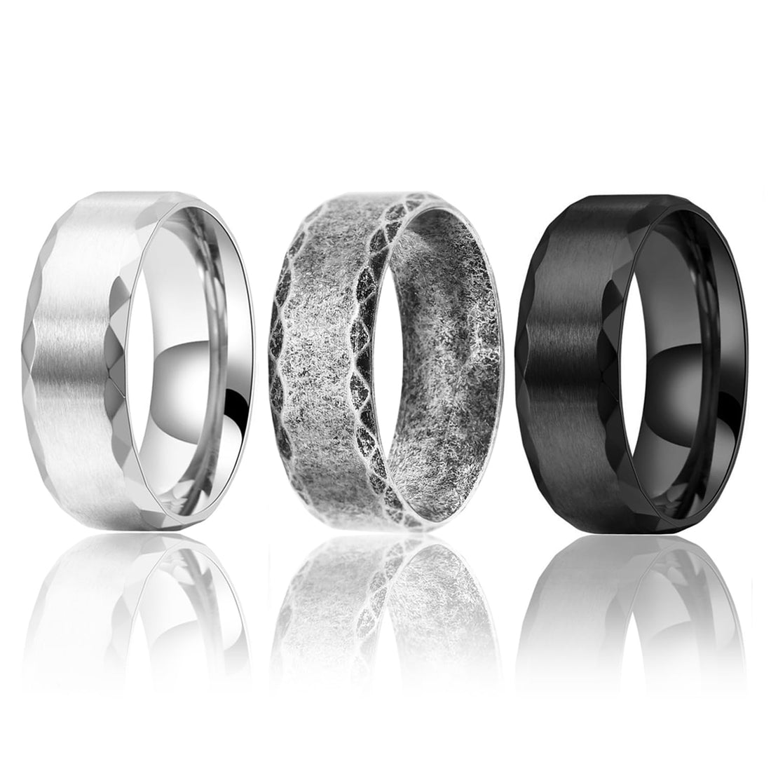 8mm stainless steel wedding rings for men in gold, silver, and black colors. Elegant and comfortable design.