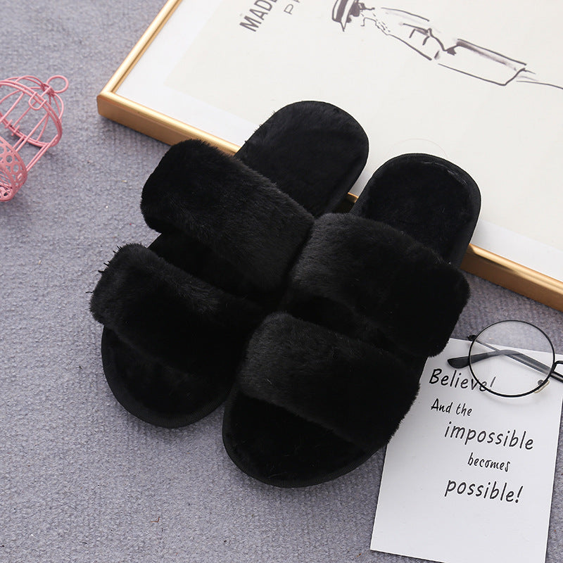 Black furry open-toed home slippers with a soft rabbit fur upper, ideal for cozy lounging.