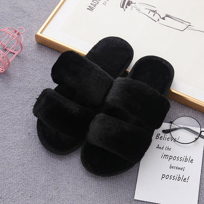 Black furry open-toed home slippers with a soft rabbit fur upper, ideal for cozy lounging.