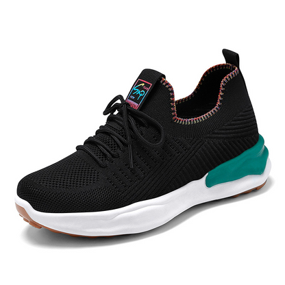 breathable casual running shoes for women in black with lace-up design and colorful accents.