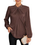 Grace Karin brown satin blouse for women, stylish mock neck long sleeve top for business office work.